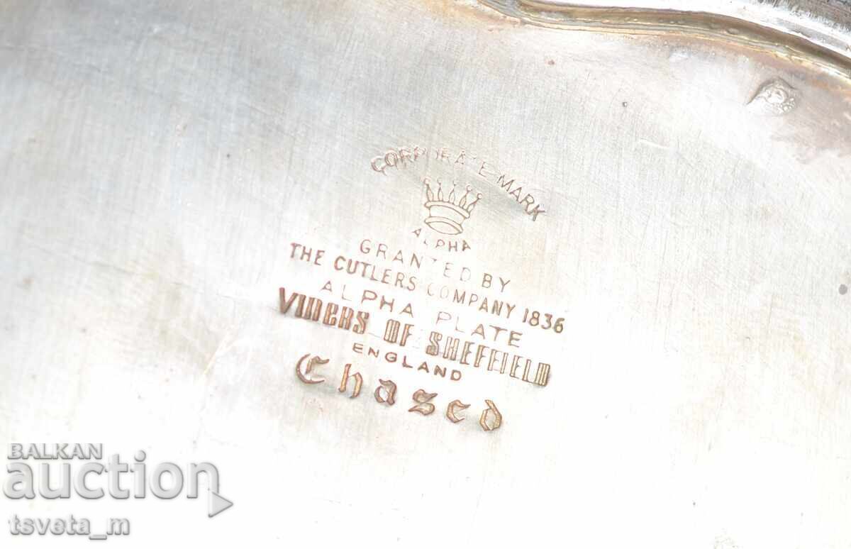 Large Silver-Plated Sheffield UK Serving Platter with Cut Crystal Dishes - 7 Large Silver-Plated Sheffield UK Serving Platter with Cut Crystal Dishes - 7