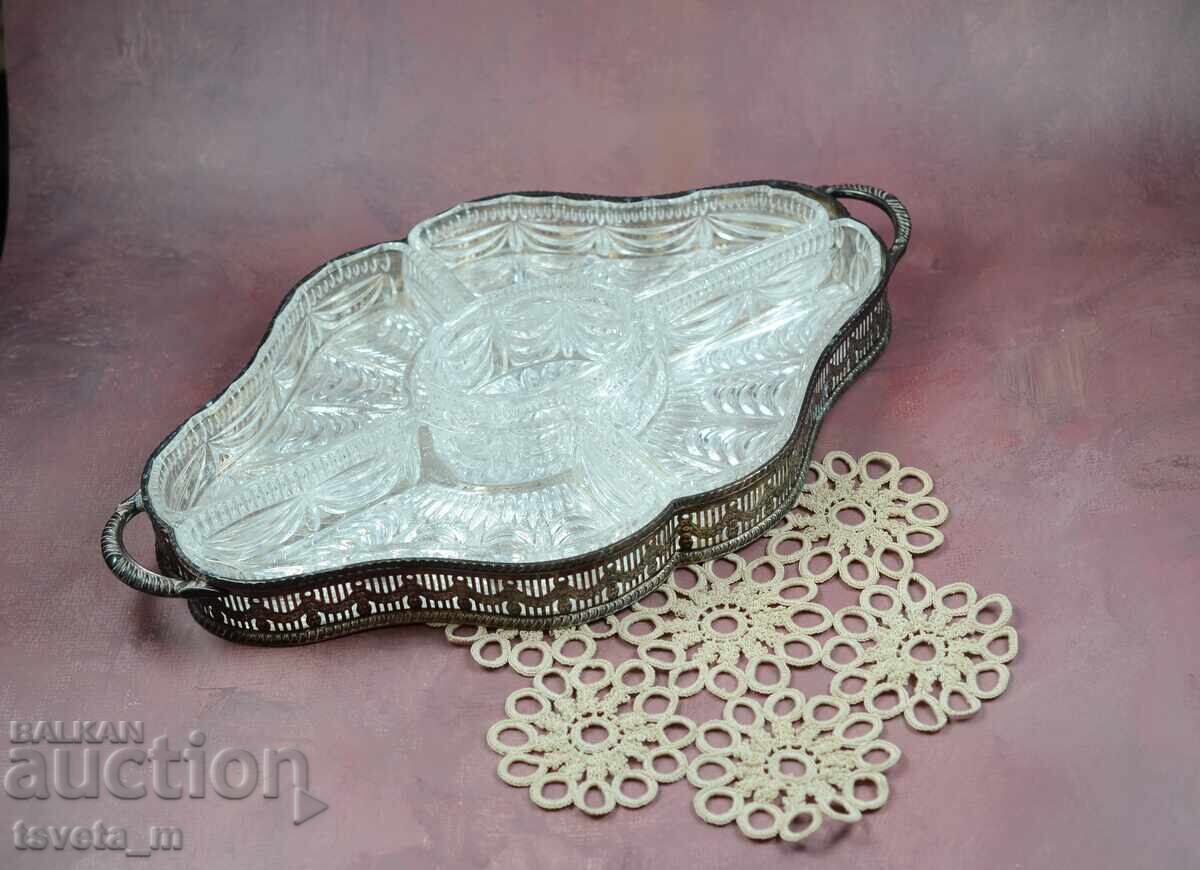 Large Silver-Plated Sheffield UK Serving Platter with Cut Crystal Dishes Large Silver-Plated Sheffield UK Serving Platter with Cut Crystal Dishes