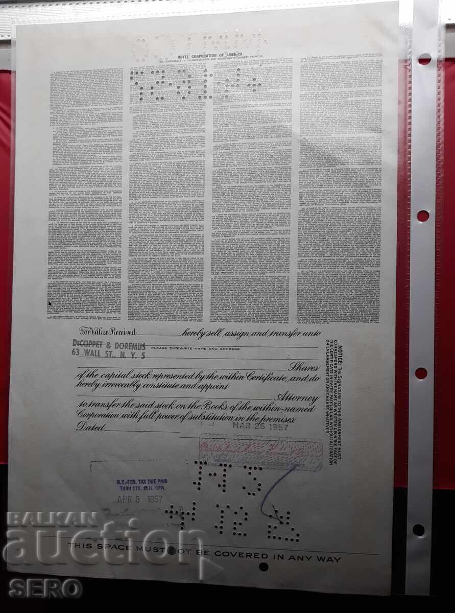 USA - 1957 stock of "Hotel Corporation of America" with price 4.01 BGN | € 2.05 USA - 1957 stock of "Hotel Corporation of America" with price 4.01 BGN | € 2.05
