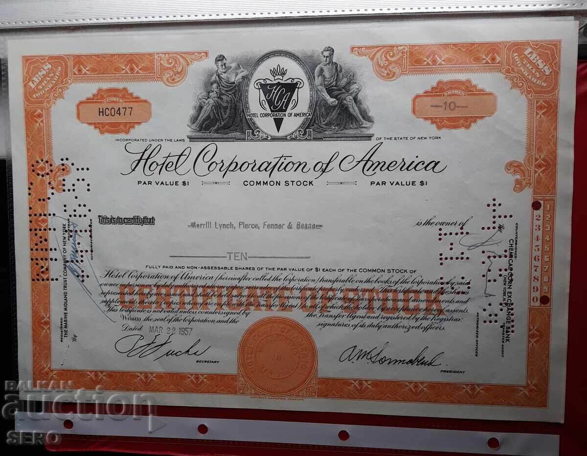 USA - 1957 stock of "Hotel Corporation of America" USA - 1957 stock of "Hotel Corporation of America"