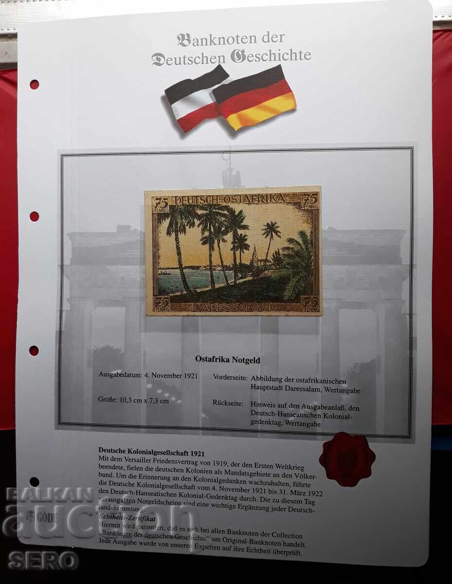 Banknote - Germany - East Africa - Dar es Salaam - 75 Pf. 1921 Banknote - Germany - East Africa - Dar es Salaam - 75 Pf. 1921
