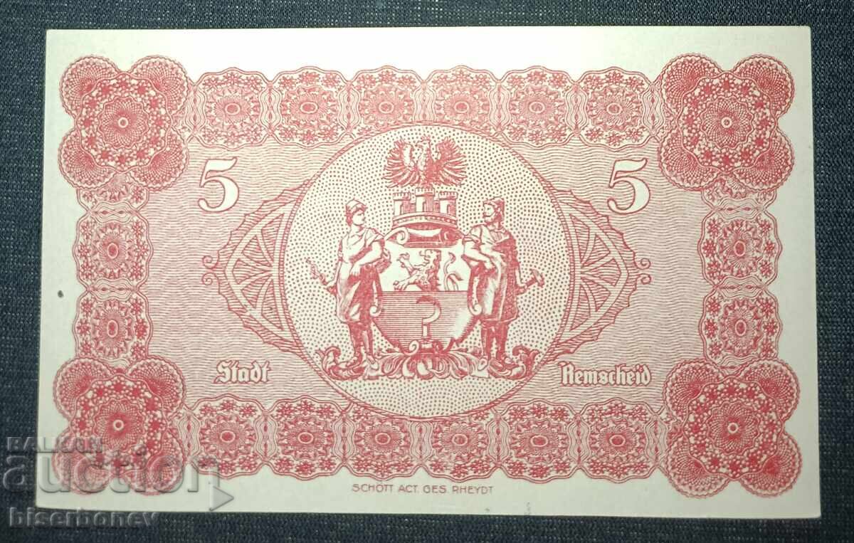 Germania, Germania, 5 mărci Remscheid, 1918, UNC cu preț 10.00 BGN | € 5.11