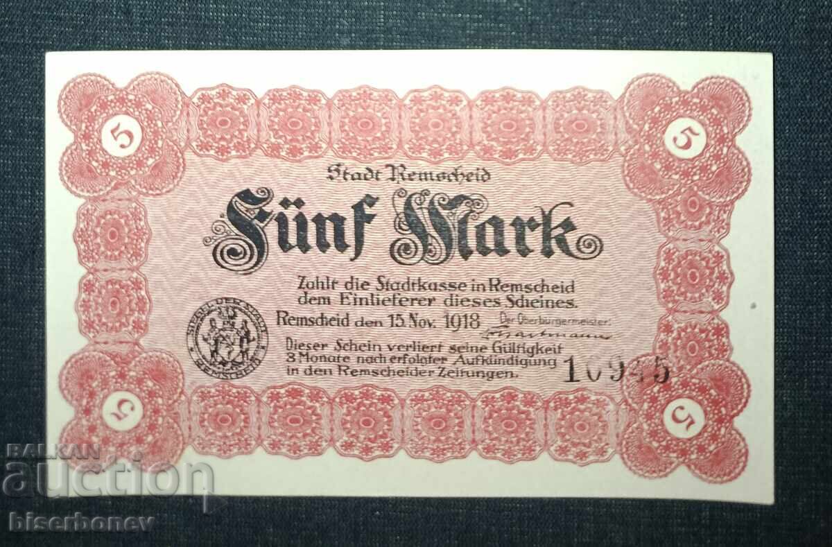Germania, Germania, 5 mărci Remscheid, 1918, UNC