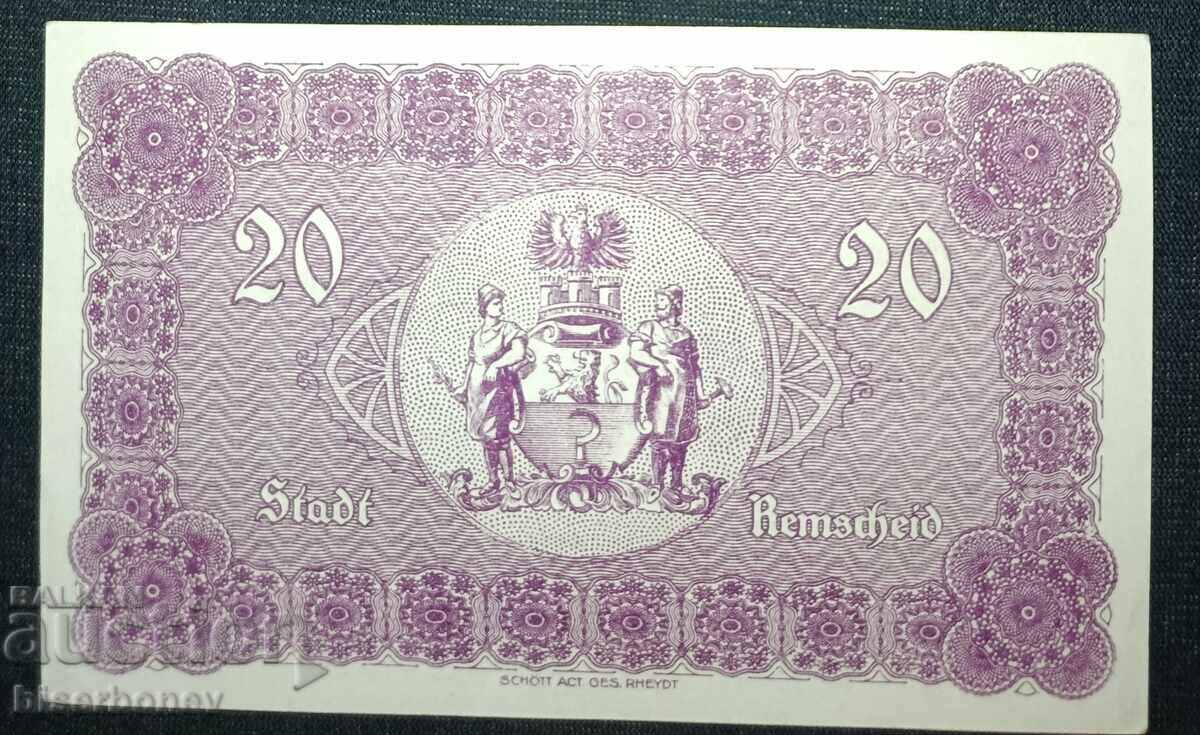 Germania, Germania, 20 mărci Remscheid, 1918, UNC cu preț 11.00 BGN | € 5.62