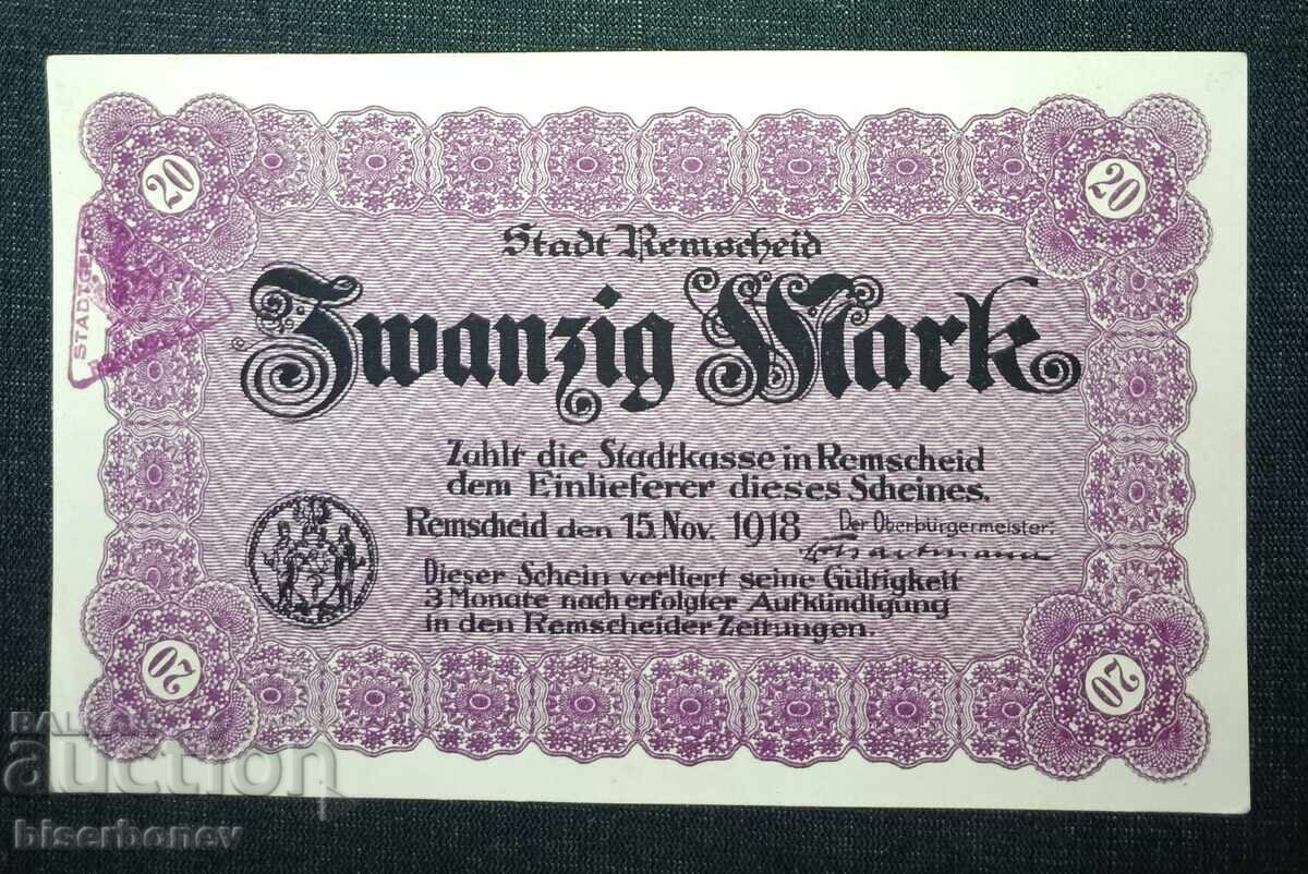 Germania, Germania, 20 mărci Remscheid, 1918, UNC