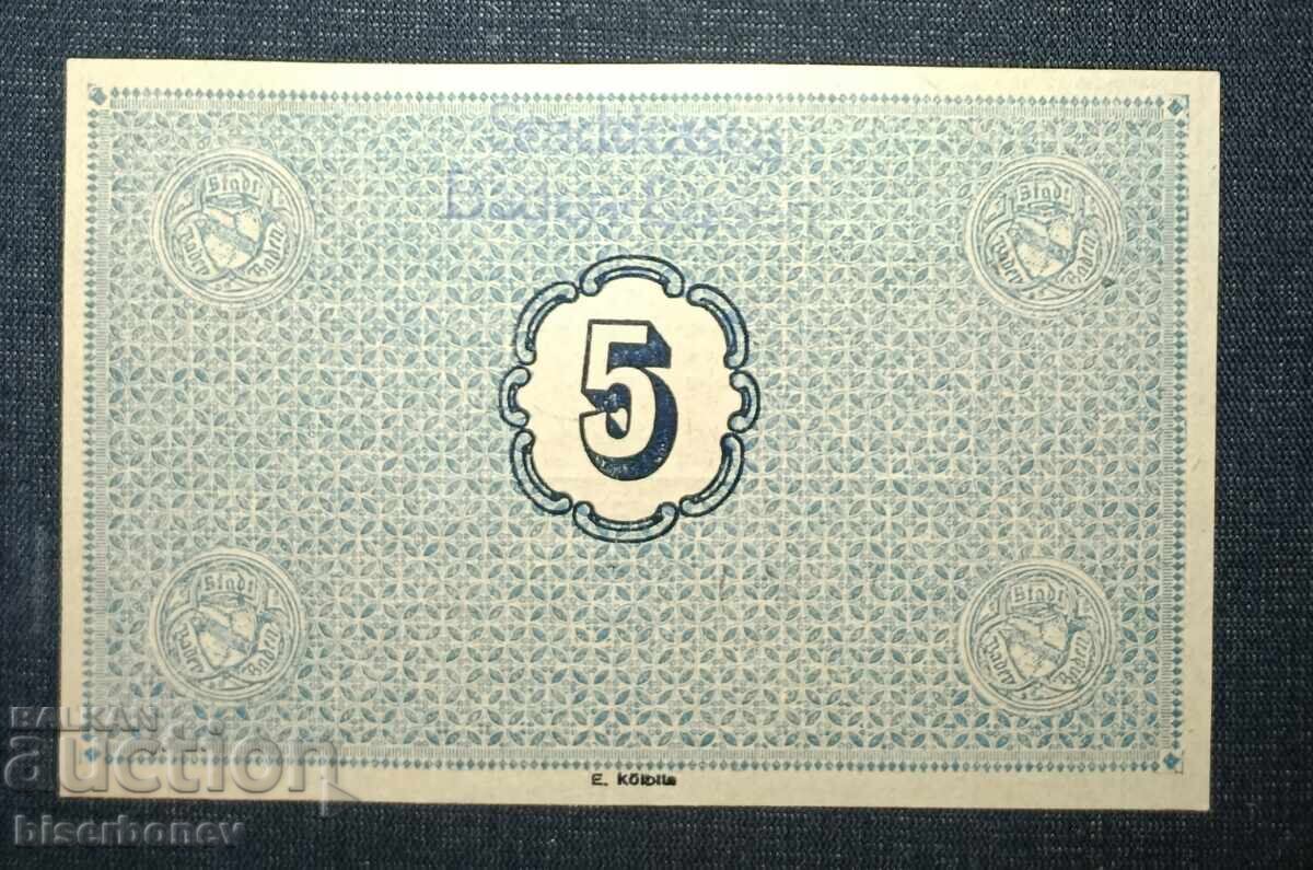 Germany, Germany, 5 Mark Baden Baden, 1918, UNC with price 9.00 BGN | € 4.60 Germany, Germany, 5 Mark Baden Baden, 1918, UNC with price 9.00 BGN | € 4.60