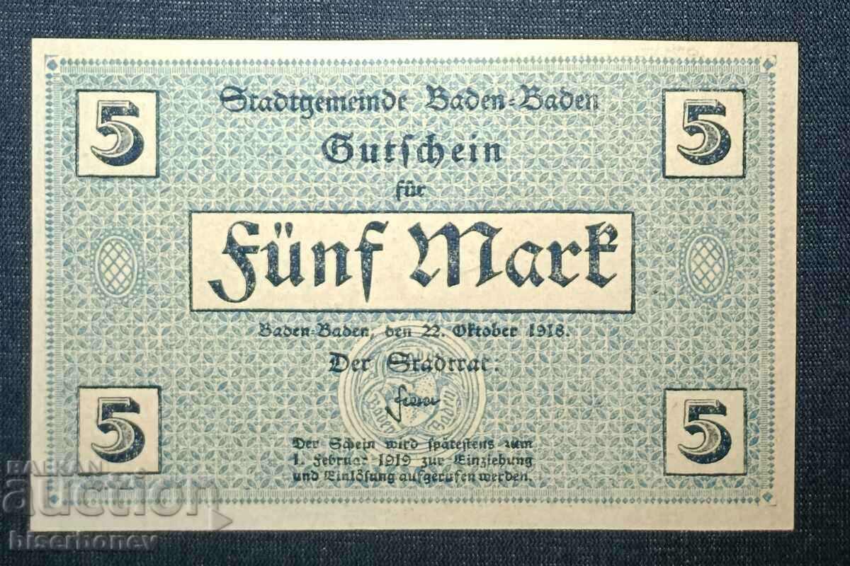 Germany, Germany, 5 Mark Baden Baden, 1918, UNC Germany, Germany, 5 Mark Baden Baden, 1918, UNC