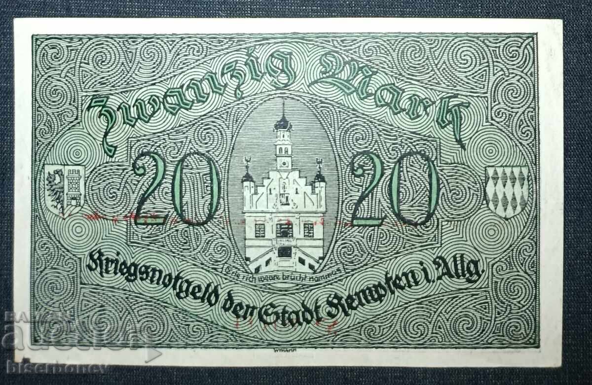 Γερμανία, Γερμανία, 20 μάρκα Κέμπτεν/Άλγκαου, 1918, XF με τιμή 7.00 BGN | € 3.58 Γερμανία, Γερμανία, 20 μάρκα Κέμπτεν/Άλγκαου, 1918, XF με τιμή 7.00 BGN | € 3.58