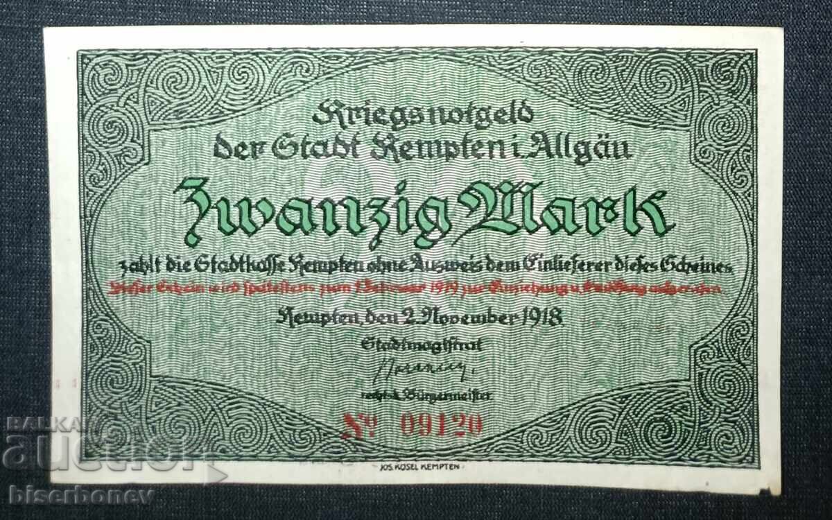 Γερμανία, Γερμανία, 20 μάρκα Κέμπτεν/Άλγκαου, 1918, XF Γερμανία, Γερμανία, 20 μάρκα Κέμπτεν/Άλγκαου, 1918, XF
