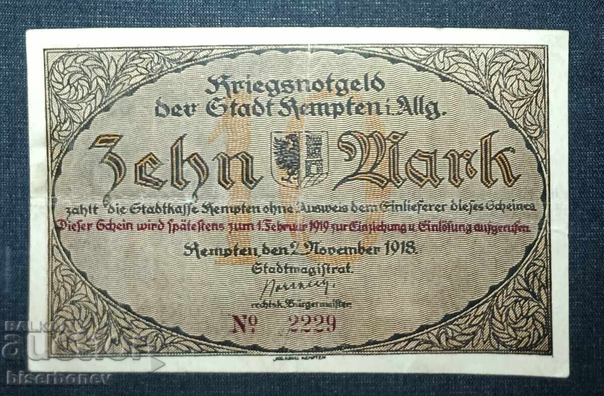 Germania, Germania, 10 mărci Kempten/Allgäu, 1918, VF