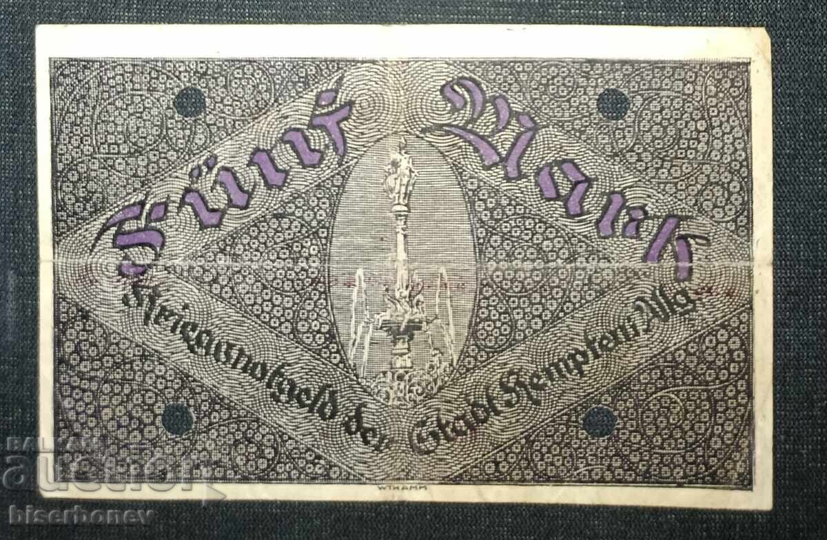 Germany, Germany, 5 Mark Kempten/Allgäu, 1918, VF with price 6.00 BGN | € 3.07