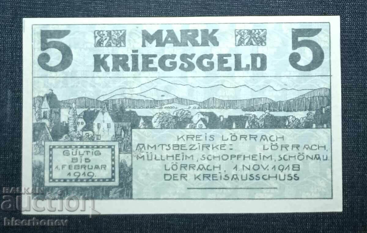 Germania, Germania, 5 mărci Lörrach, 1918, UNC cu preț 22.00 BGN | € 11.25