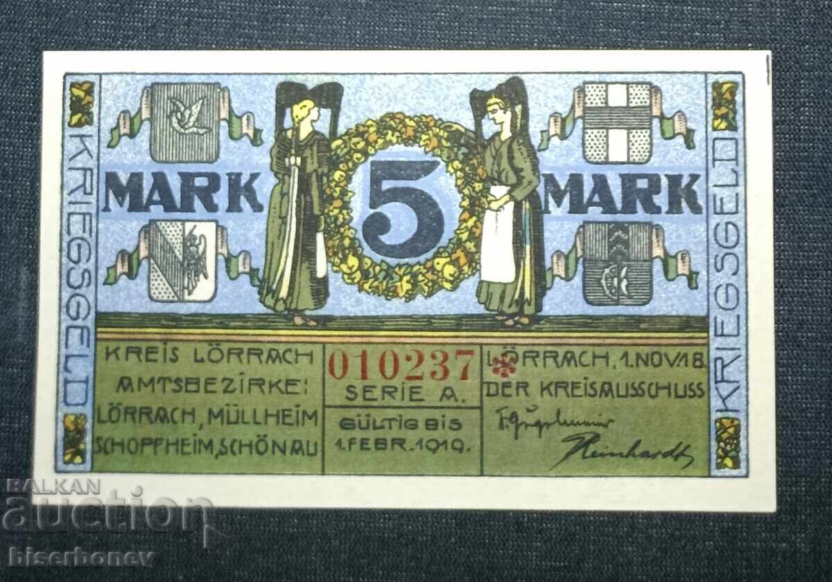 Germania, Germania, 5 mărci Lörrach, 1918, UNC