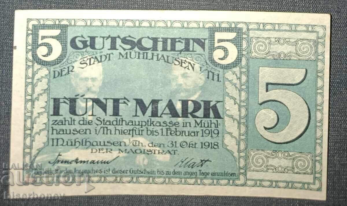 Germany, Germany, 5 Mark Mühlhausen, 1918, XF+ Germany, Germany, 5 Mark Mühlhausen, 1918, XF+