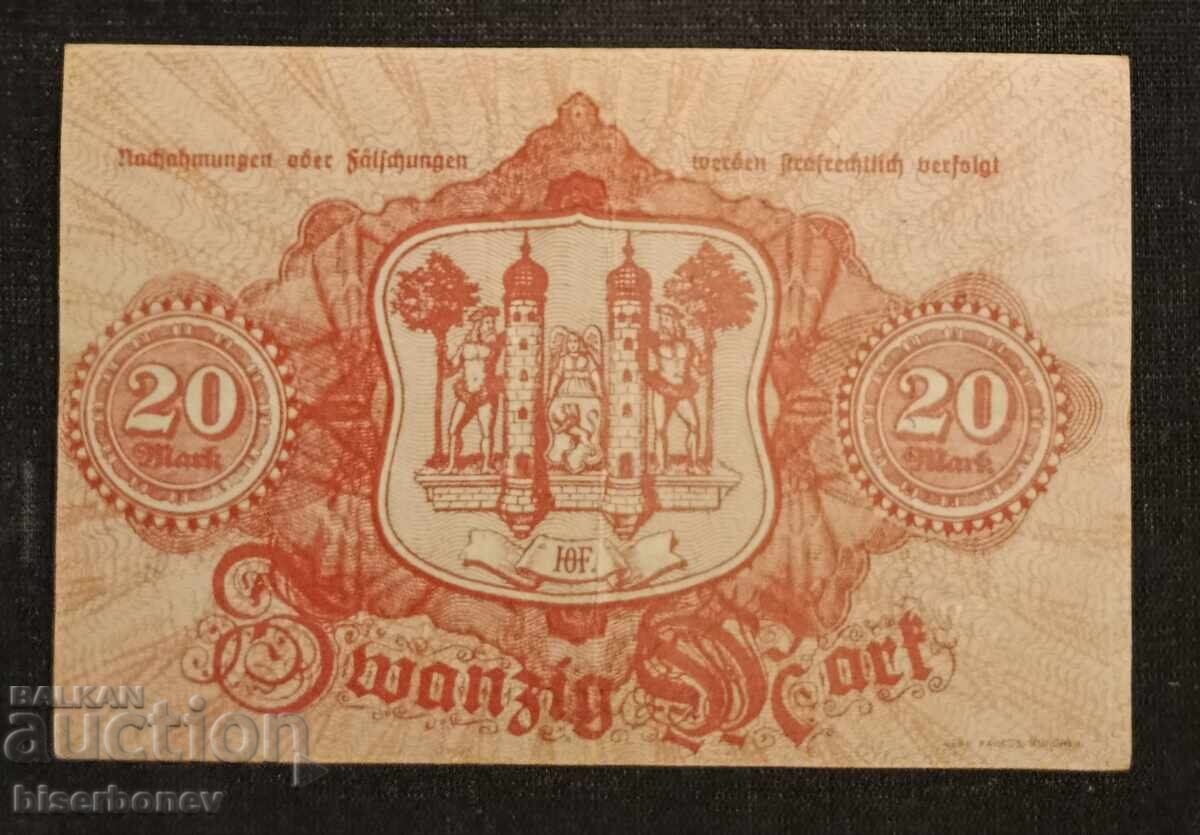 Germania, Germania, 20 mărci Hod, 1918, VF/XF cu preț 6.00 BGN | € 3.07