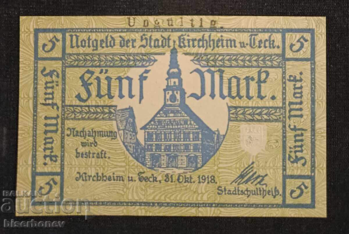 Germania, Germania, 5 mărci Kirchheim, 1918, UNC