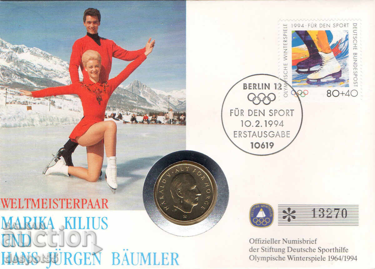 1994. Γερμανία. Χειμερινοί Ολυμπιακοί Αγώνες 1964/94. Φάκελος με νόμισμα