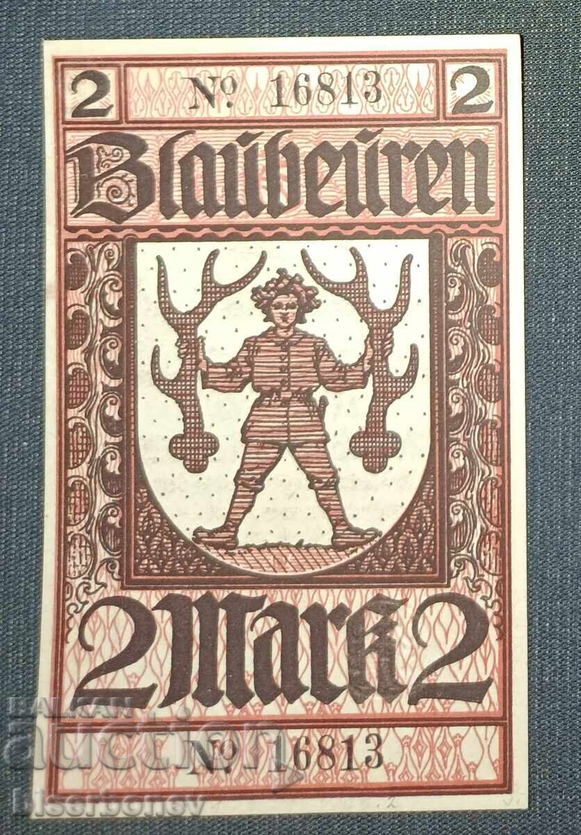 Germania, Germania, 2 mărci Blaubeuren, 1918, UNC Germania, Germania, 2 mărci Blaubeuren, 1918, UNC