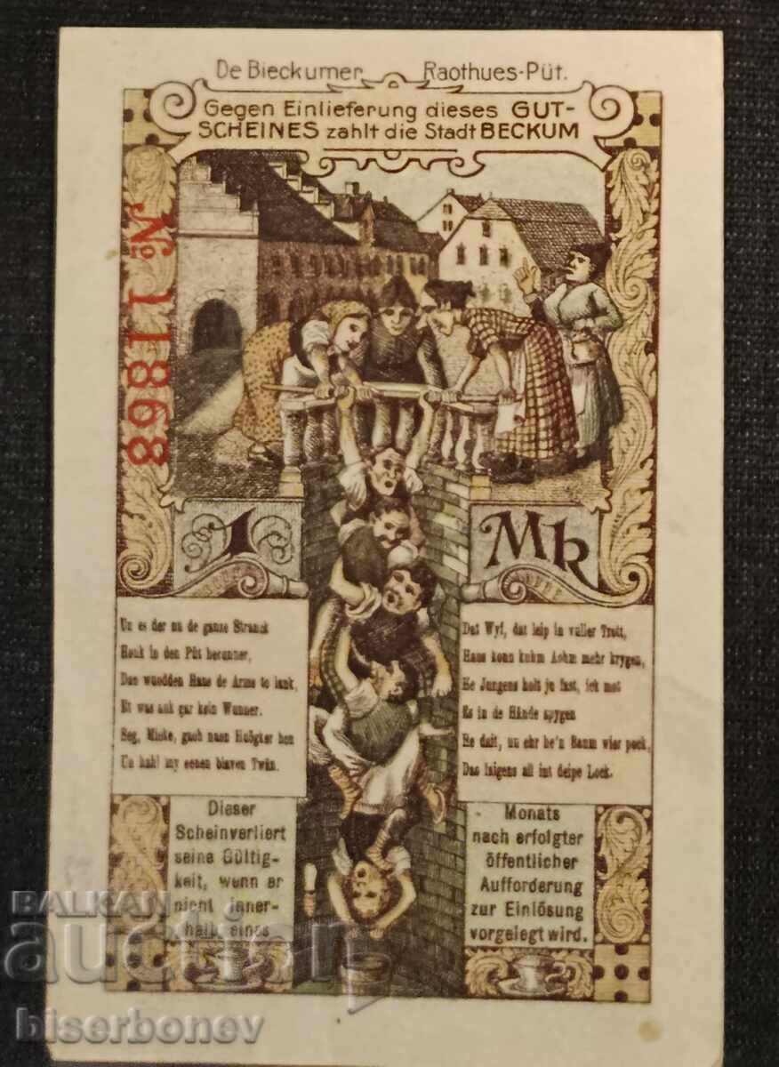 Germany, Germany, 1 Mark Beckum, wet stamp, 1918, UNC with price 22.00 BGN | € 11.25