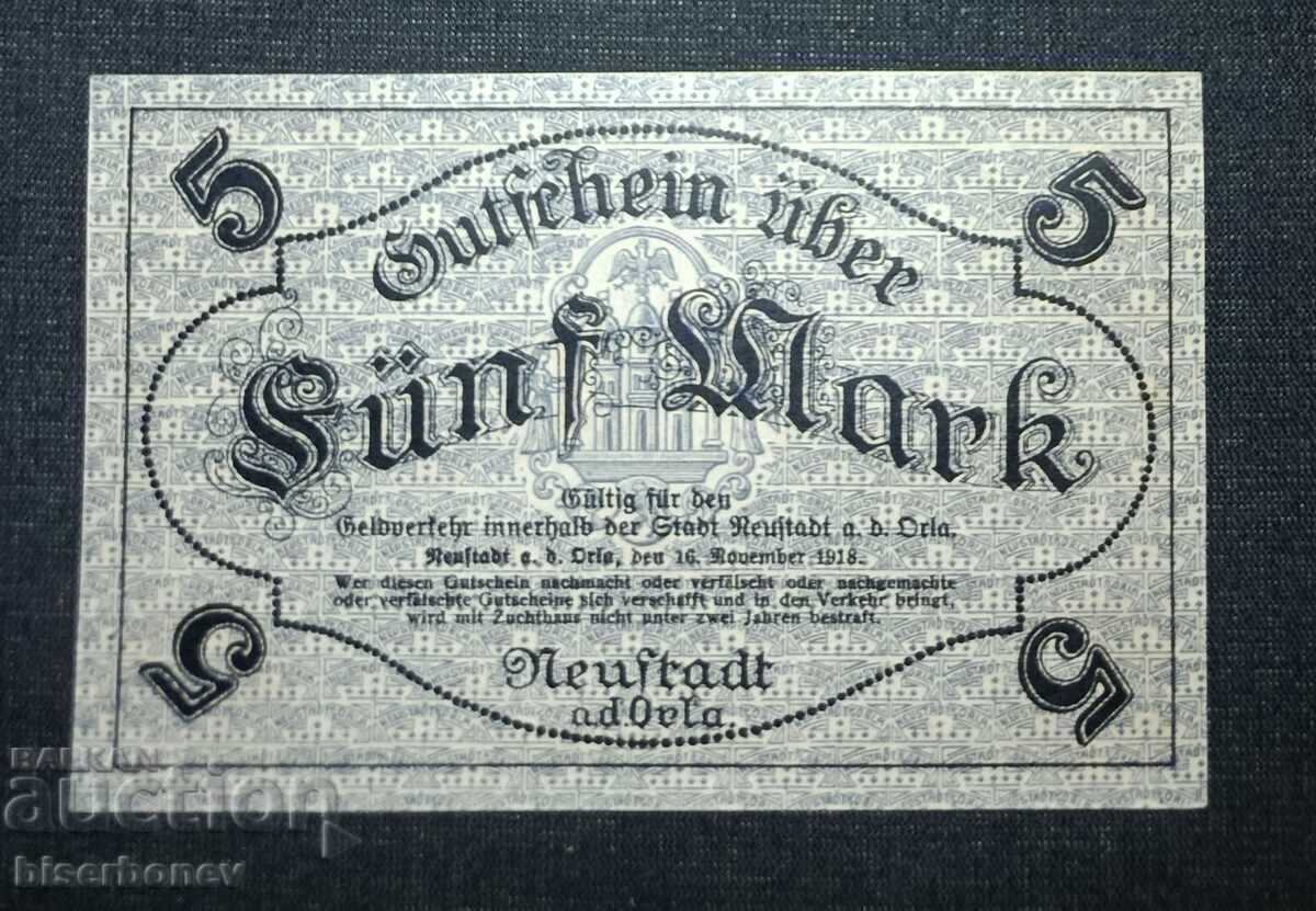Germania, Germania, 5 mărci Neustadt an der Orla, 1918, UNC cu preț 13.00 BGN | € 6.65 Germania, Germania, 5 mărci Neustadt an der Orla, 1918, UNC cu preț 13.00 BGN | € 6.65