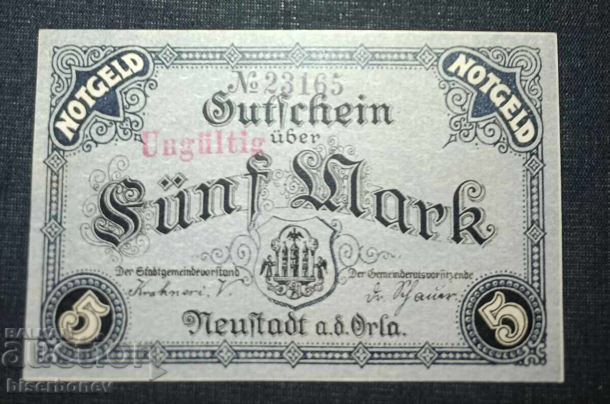 Germania, Germania, 5 mărci Neustadt an der Orla, 1918, UNC Germania, Germania, 5 mărci Neustadt an der Orla, 1918, UNC