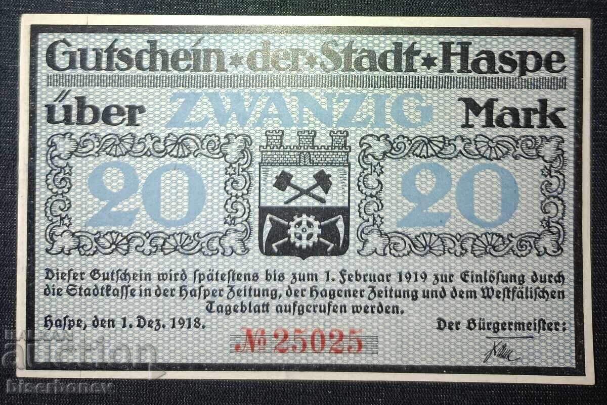 Germany 20 Mark Haspe 1918, UNC-1