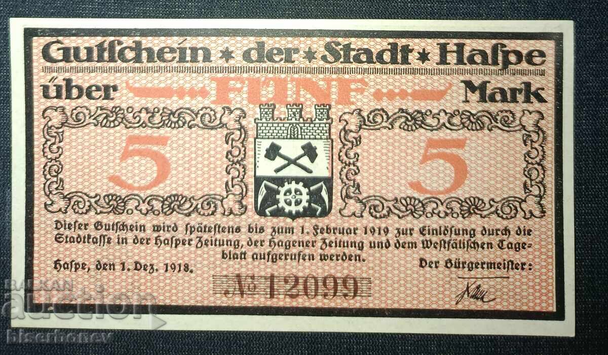 Germany, Germany, 5 Mark Haspe, 1918, UNC