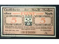 Germany, Германия, 5 марки Хаспе ,1918 г, UNC