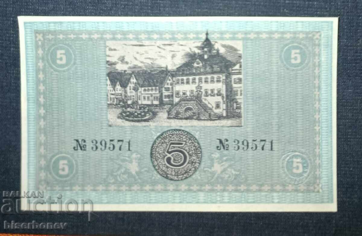 Germania, Germania, 5 mărci Neckarsulm, 1918, UNC cu preț 10.00 BGN | € 5.11 Germania, Germania, 5 mărci Neckarsulm, 1918, UNC cu preț 10.00 BGN | € 5.11