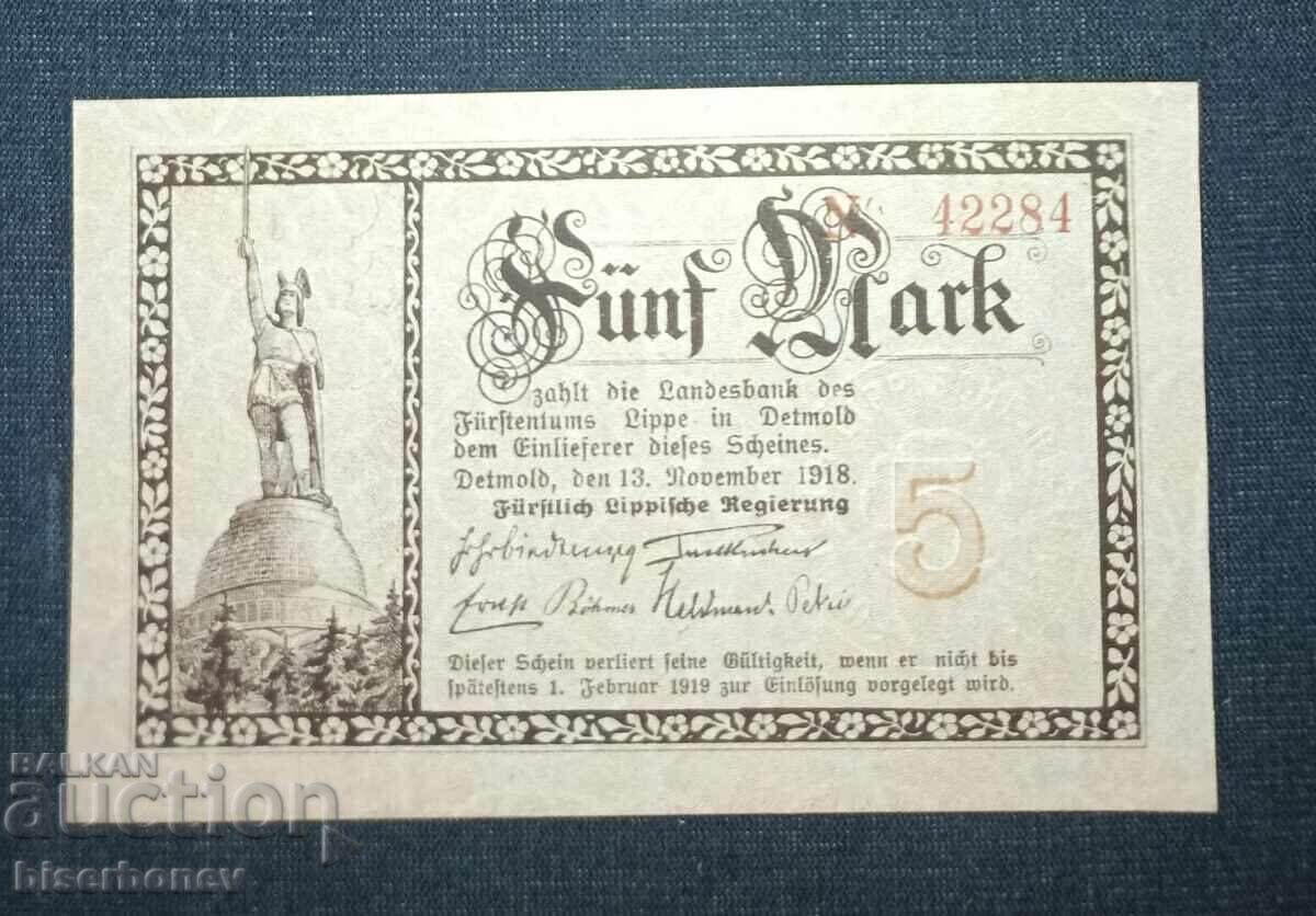 Germania, Germania, 5 mărci Lippe - Detmold, 1918, UNC Germania, Germania, 5 mărci Lippe - Detmold, 1918, UNC