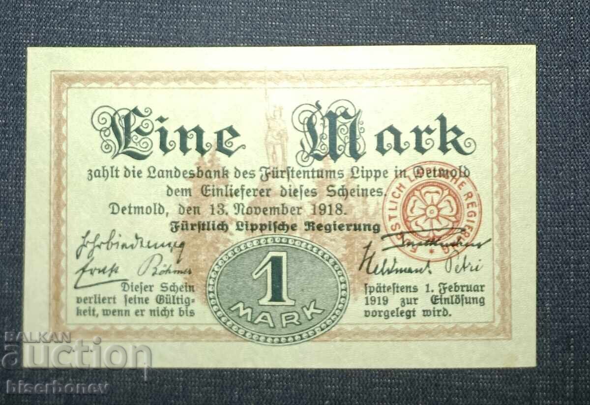 Γερμανία, Γερμανία, 1 μάρκο Λίππε - Ντέτμολντ, 1918, UNC