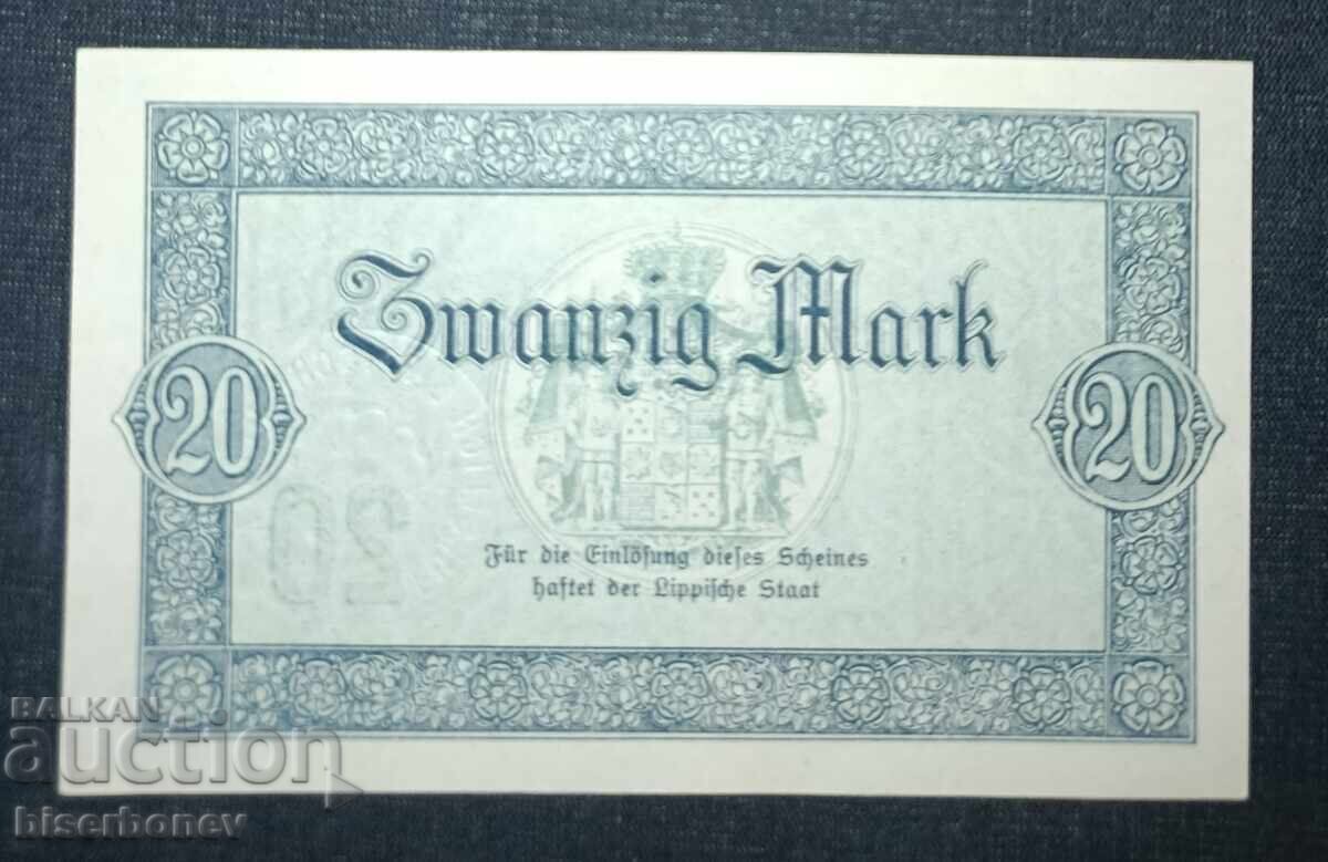 Germania, Germania, 20 mărci Lippe-Detmold, 1918, UNC cu preț 16.00 BGN | € 8.18