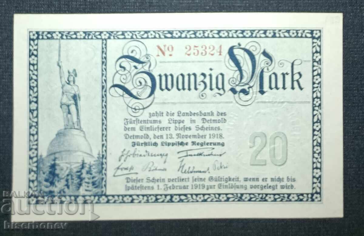 Germania, Germania, 20 mărci Lippe-Detmold, 1918, UNC