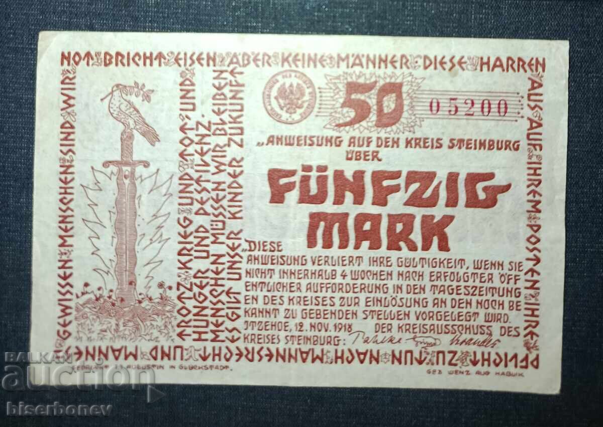 Germany, Germany, 50 Mark Steinburg, 1918, XF+ Germany, Germany, 50 Mark Steinburg, 1918, XF+