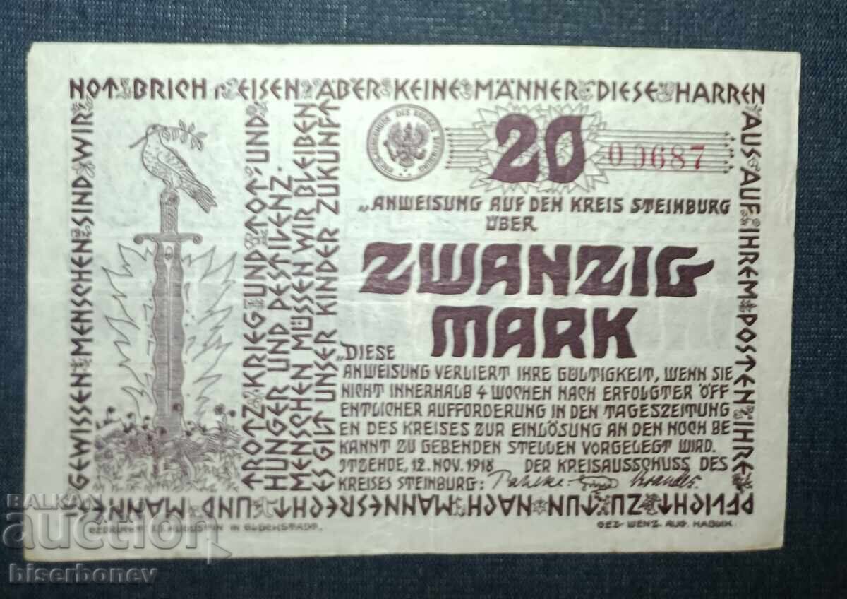 Germany, Germany, 20 Mark Steinburg, 1918, XF