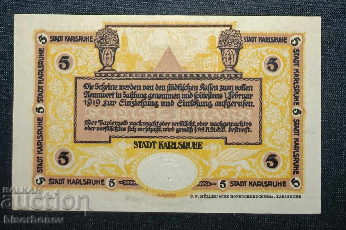 Germania, Germania, 5 mărci Karlsruhe, 1918, UNC cu preț 12.00 BGN | € 6.14