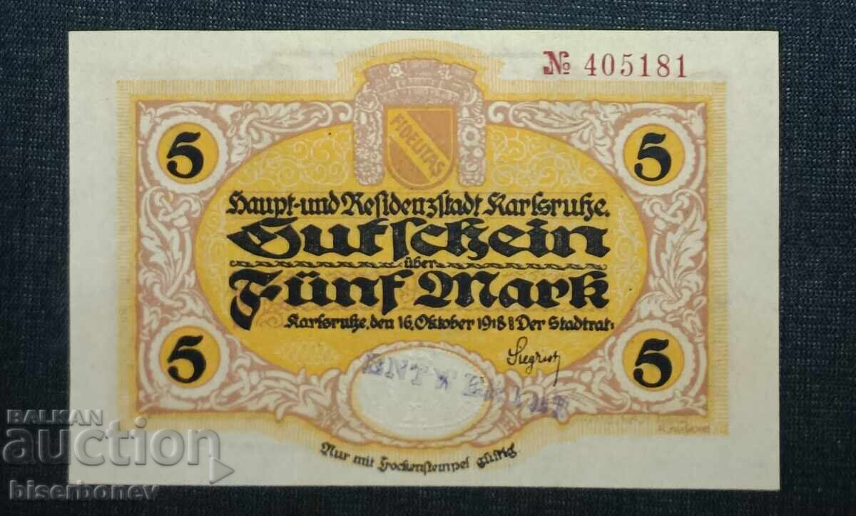 Germania, Germania, 5 mărci Karlsruhe, 1918, UNC