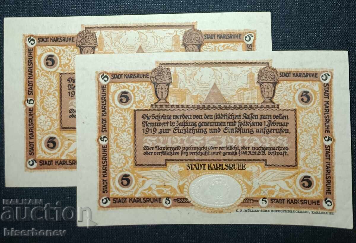 Germania, Germania, 2 x 5 mărci Karlsruhe, 1918, UNC cu preț 30.00 BGN | € 15.34