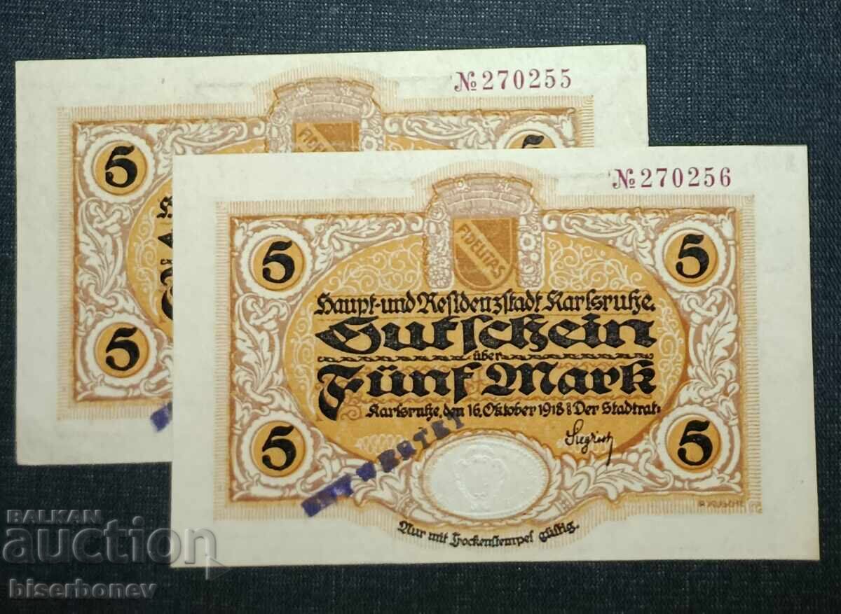 Germania, Germania, 2 x 5 mărci Karlsruhe, 1918, UNC