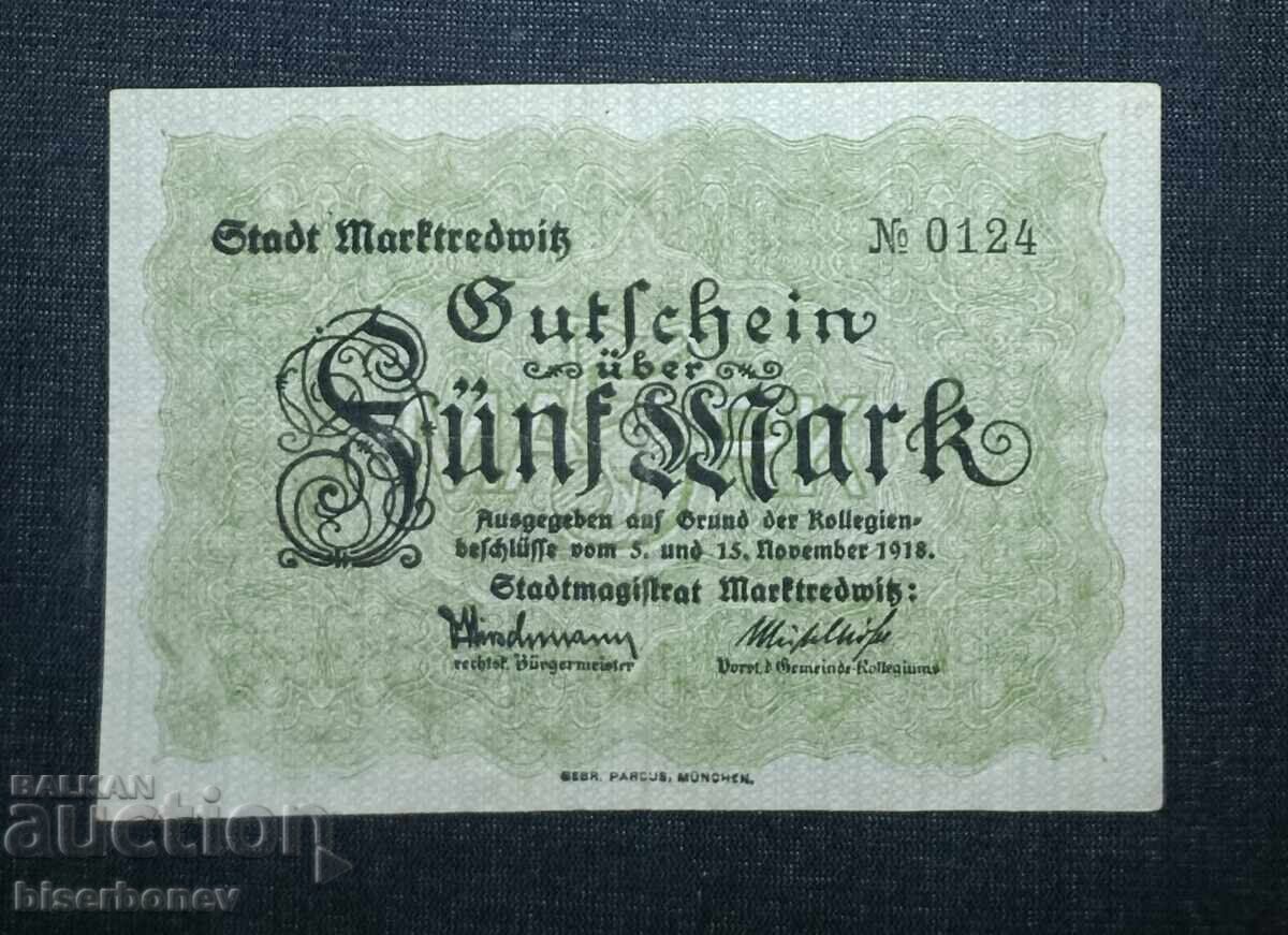 Γερμανία, Γερμανία, 5 μάρκα Marktredwitz, 1918, VF/XF