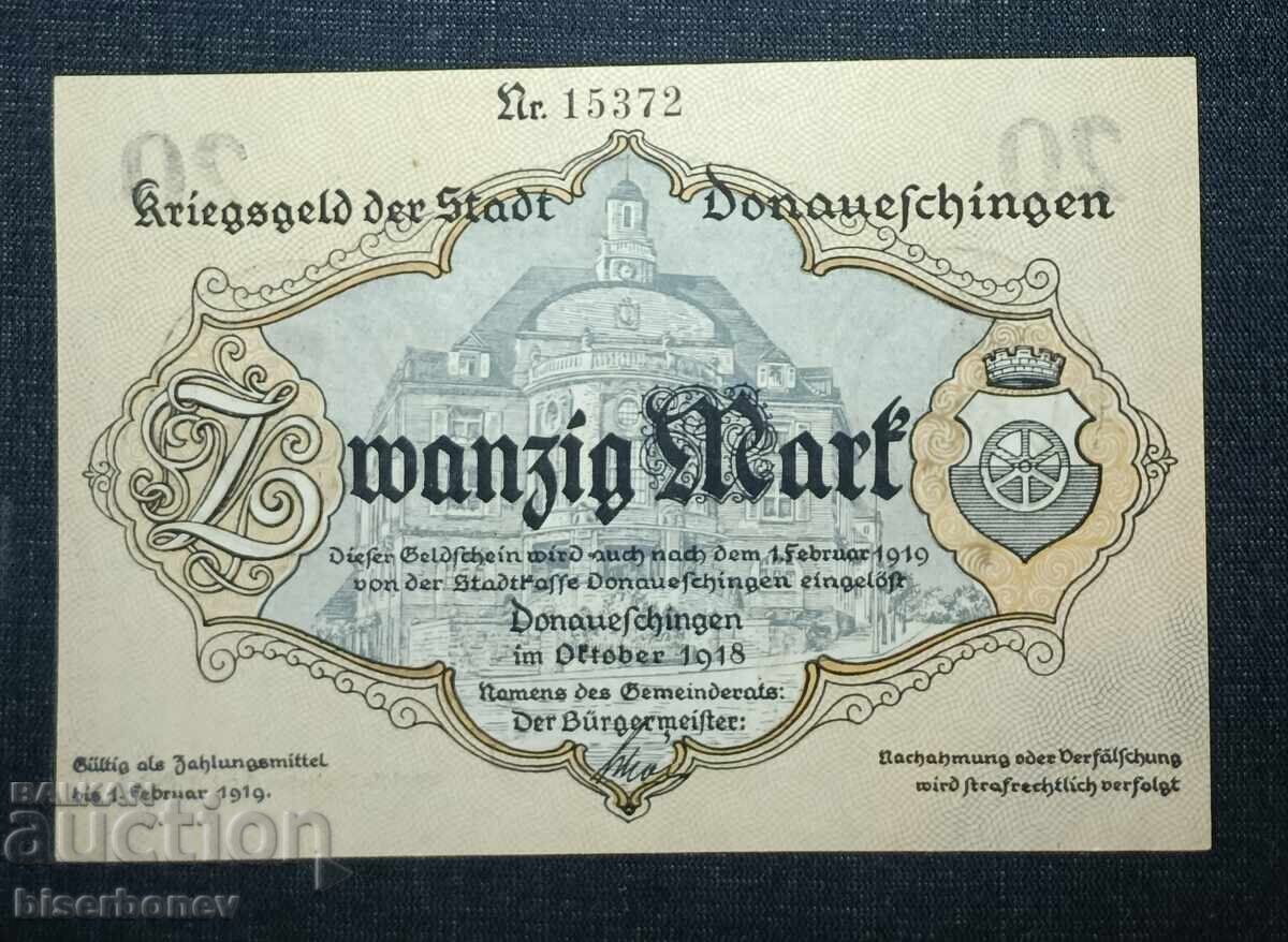 Germany, Donaueschingen 20 Mark 1918, aUNC/UNC-1 Germany, Donaueschingen 20 Mark 1918, aUNC/UNC-1