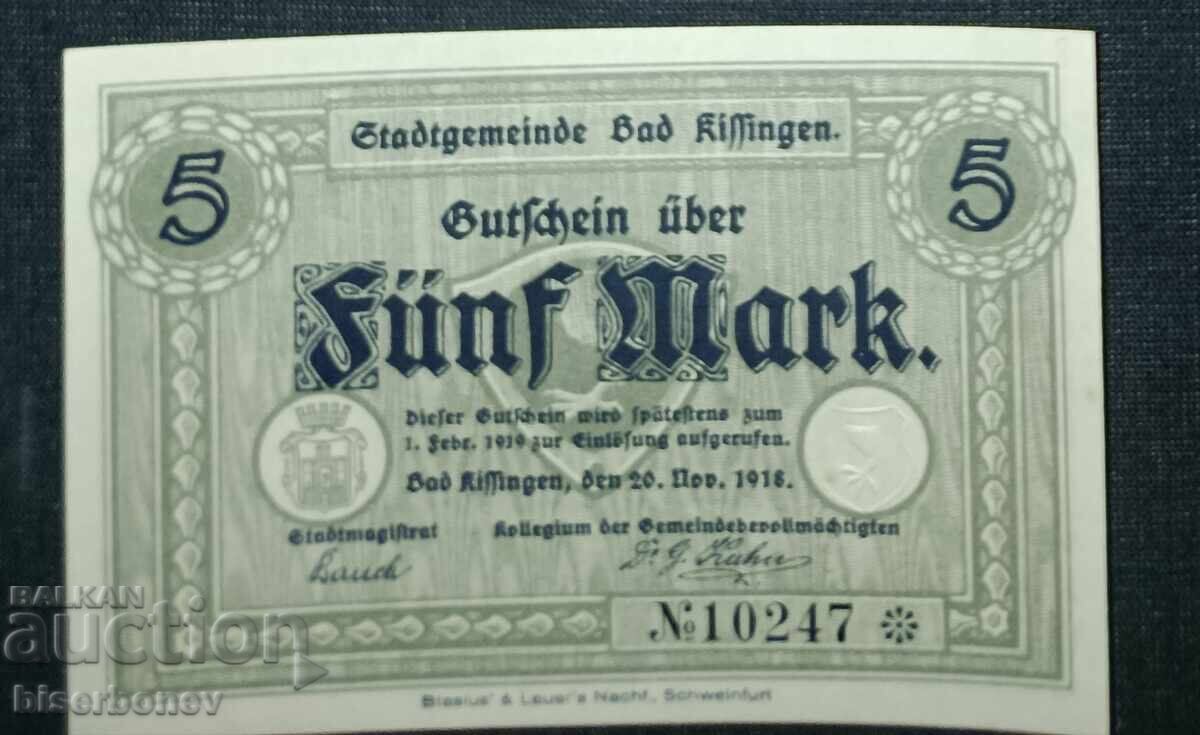 Germany, Germany, 5 Mark Bad Kissingen, 1918, UNC with price 11.00 BGN | € 5.62