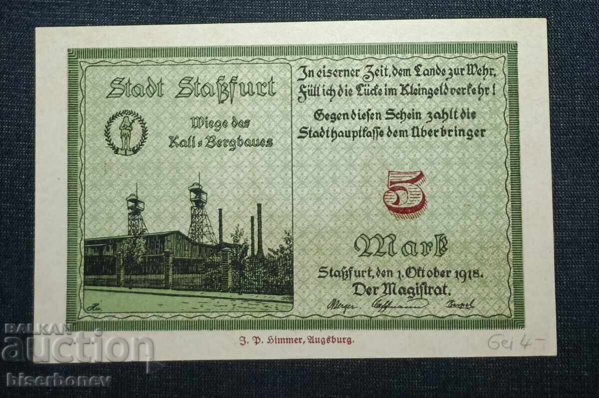 Germania, Germania, 5 mărci Staßfurt, 1918, UNC cu preț 11.00 BGN | € 5.62