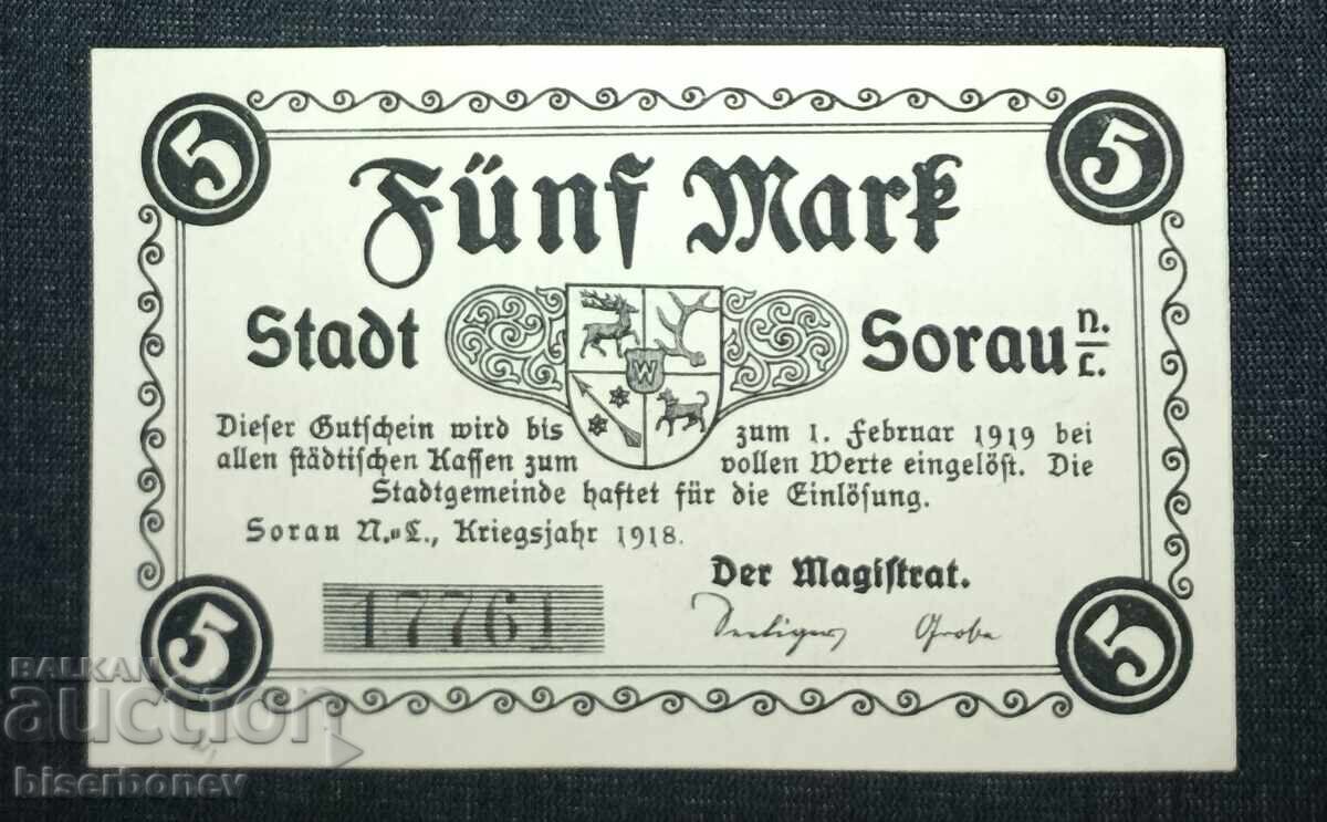 Germany, Germany, Sorau 5 Mark, 1918, UNC
