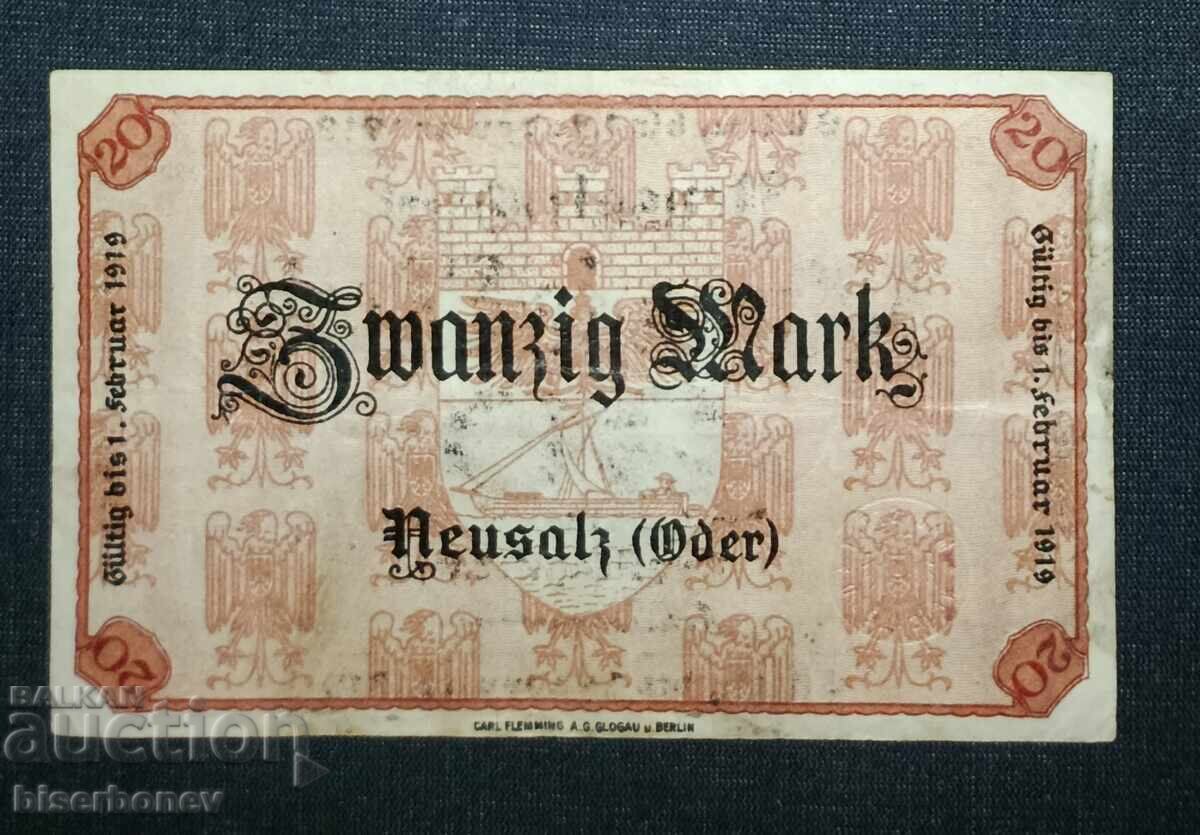 Germania, Germania, Neusalz 20 mărci, 1918, VF+ cu preț 7.00 BGN | € 3.58