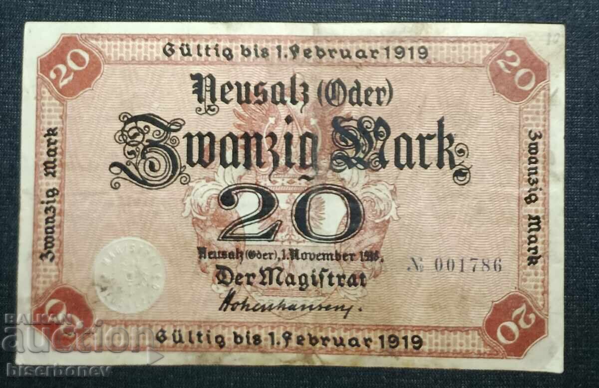 Germania, Germania, Neusalz 20 mărci, 1918, VF+