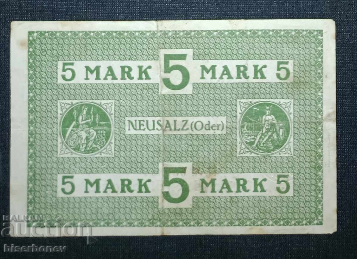 Germania, Germania, Neusalz 5 mărci, 1918, VF cu preț 6.00 BGN | € 3.07