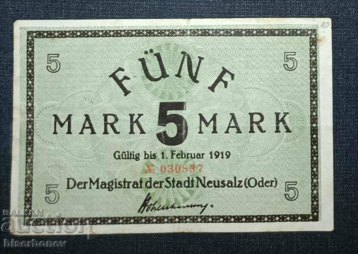 Germania, Germania, Neusalz 5 mărci, 1918, VF