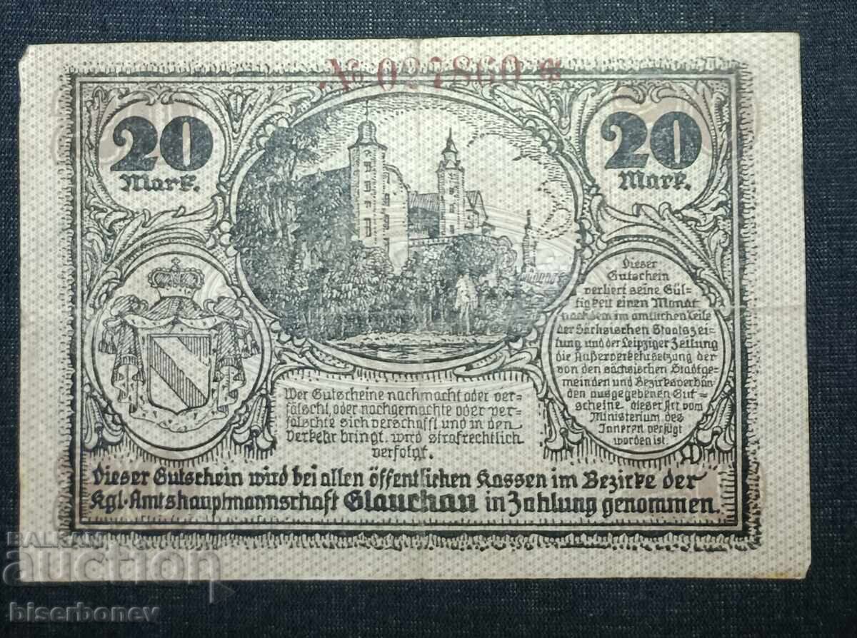 Germania, Glauchau 20 mărci, 1918, VF cu preț 7.00 BGN | € 3.58