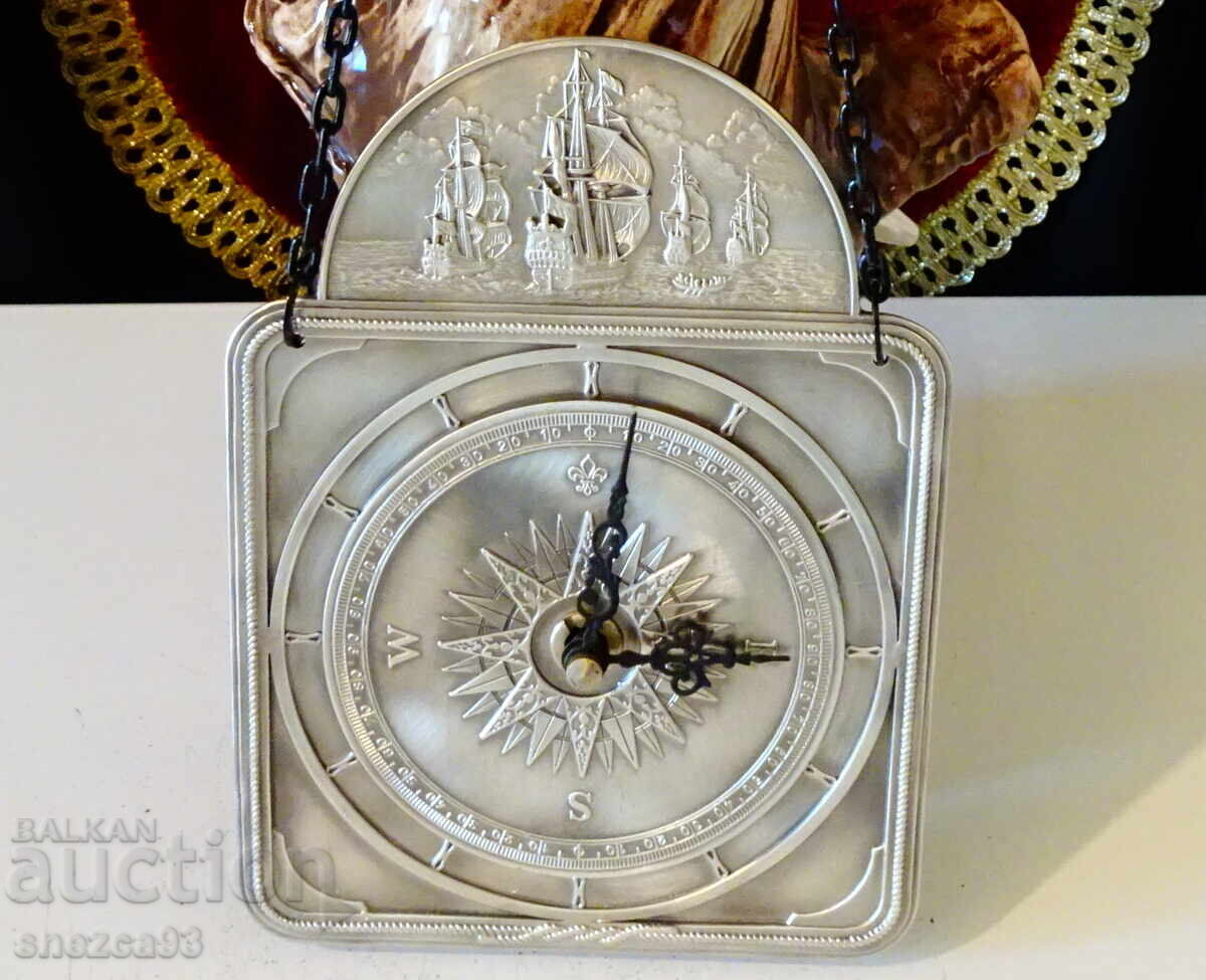 Γερμανικό ρολόι τοίχου από κασσίτερο, πλοία, πυξίδα